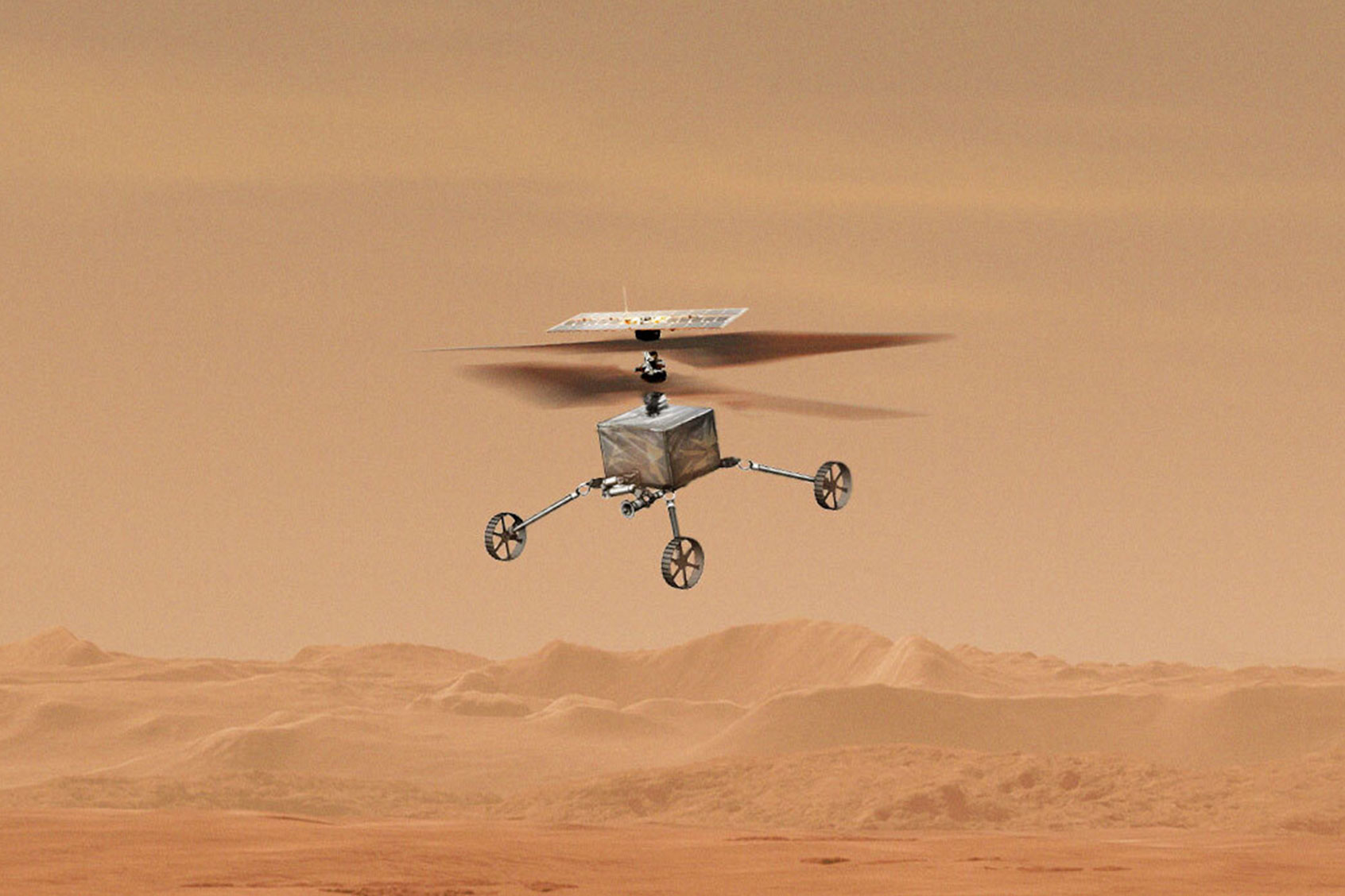 This illustration shows a concept for one of two NASA helicopters that would provide a secondary capability to pick up additional samples stashed on the surface on Mars by the Perseverance rover. (NASA/ESA/JPL-Caltech)