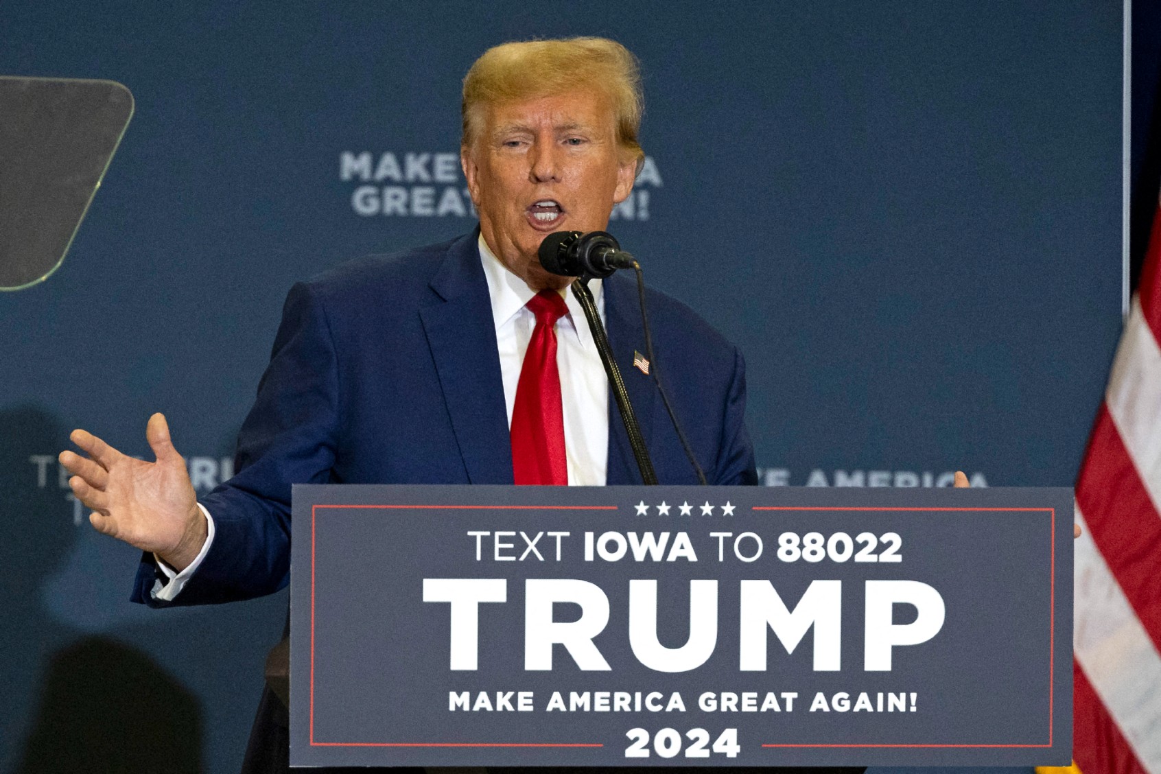 Former U.S. President and Republican presidential hopeful Donald Trump speaks during a "Commit to Caucus" rally at the North Iowa Events Center in Mason City, Iowa, on January 5, 2024. (CHRISTIAN MONTERROSA/AFP via Getty Images)