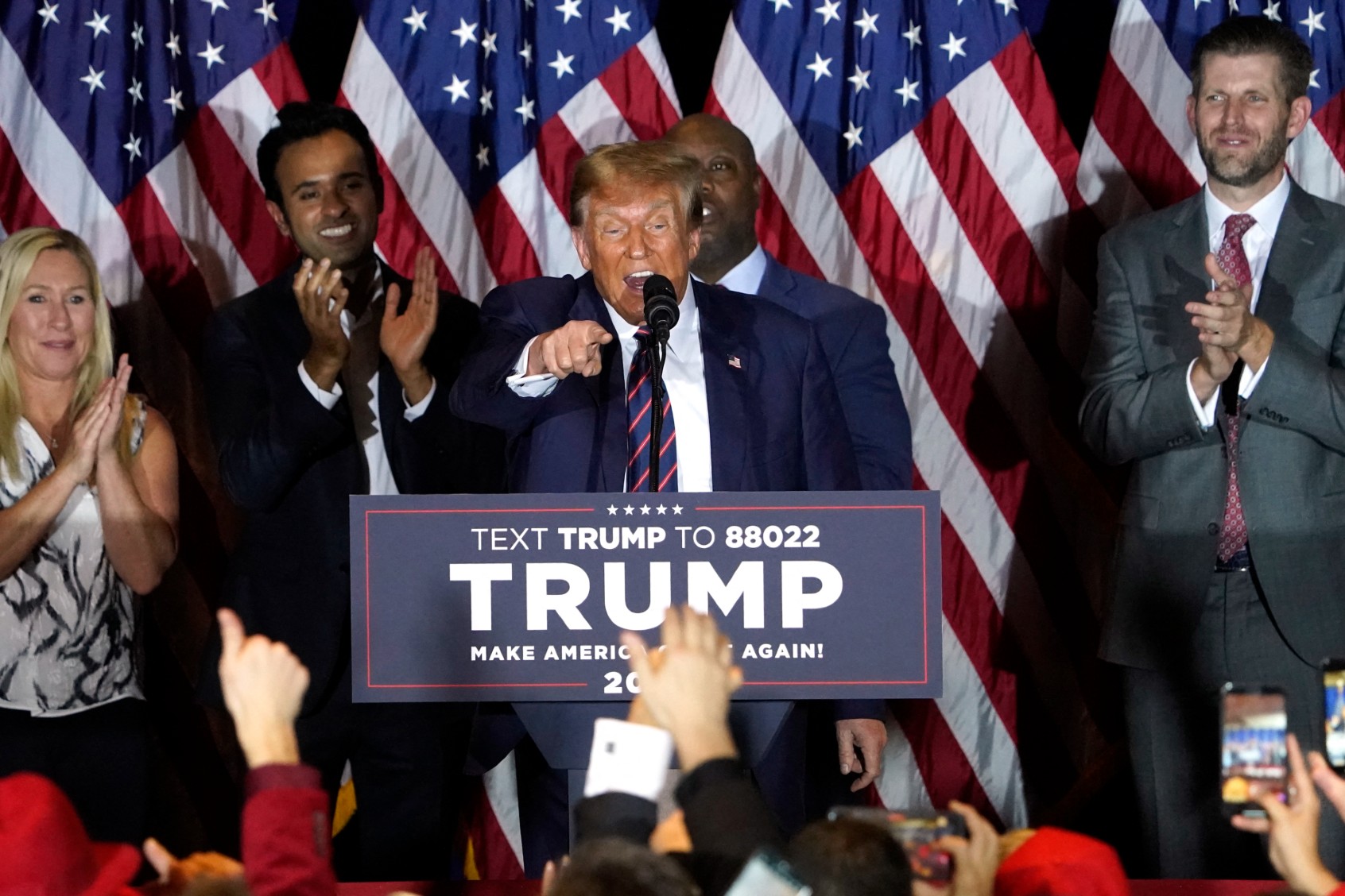 Republican presidential hopeful and former US President Donald Trump gestures as he speaks during an Election Night Party in Nashua, New Hampshire, on January 23, 2024. (TIMOTHY A. CLARY/AFP via Getty Images)