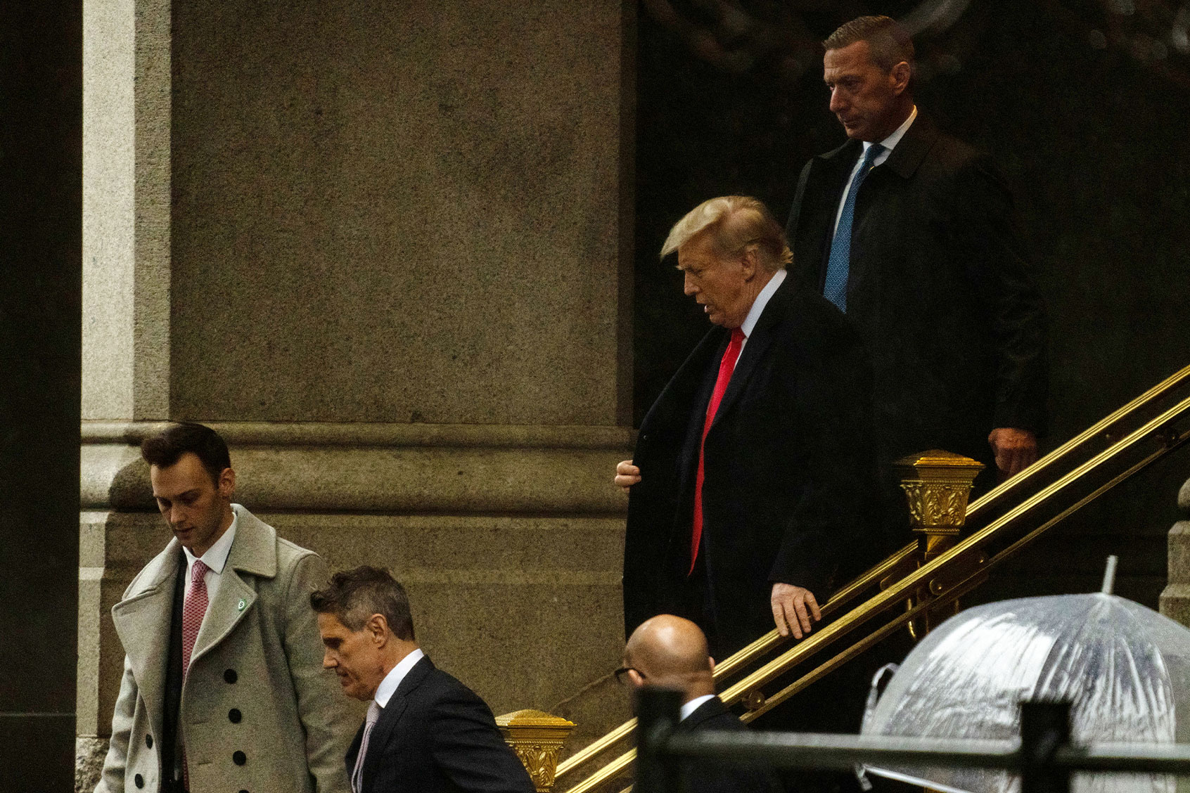 Former U.S. President Donald Trump departs the Waldorf Astoria where he held a press conference following his appearance in court on January, 9 2024 in Washington, DC. (Kent Nishimura/Getty Images)