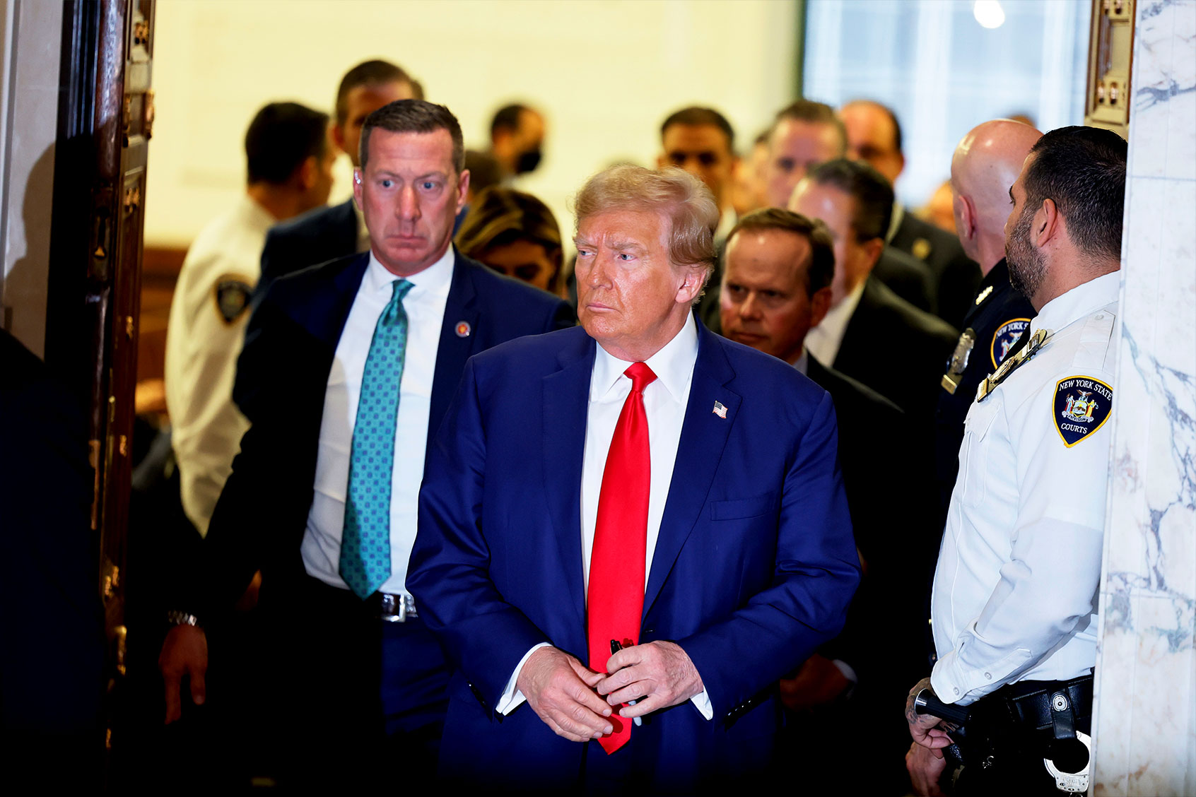 Former U.S. President Donald Trump exits the courtroom for a break during his civil fraud trial at New York Supreme Court on January 11, 2024 in New York City. (Michael M. Santiago/Getty Images)