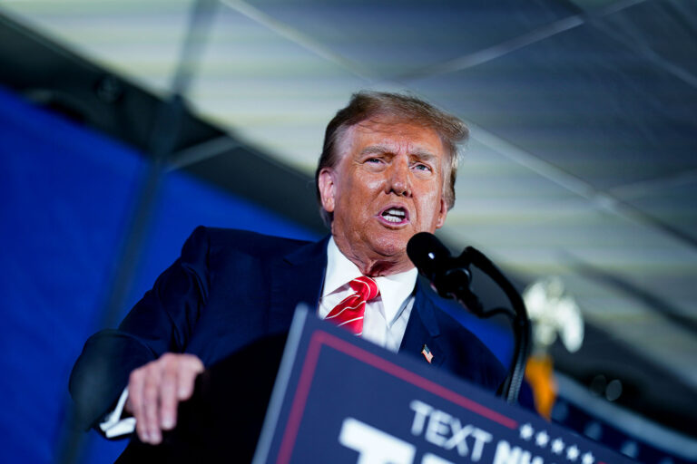 Republican presidential candidate and former president Donald Trump speaks to supporters at The Margate Resort inLaconia, N.H. on Monday, January 22, 2024, the day before the New Hampshire GOP primary. (Jabin Botsford/The Washington Post via Getty Images)