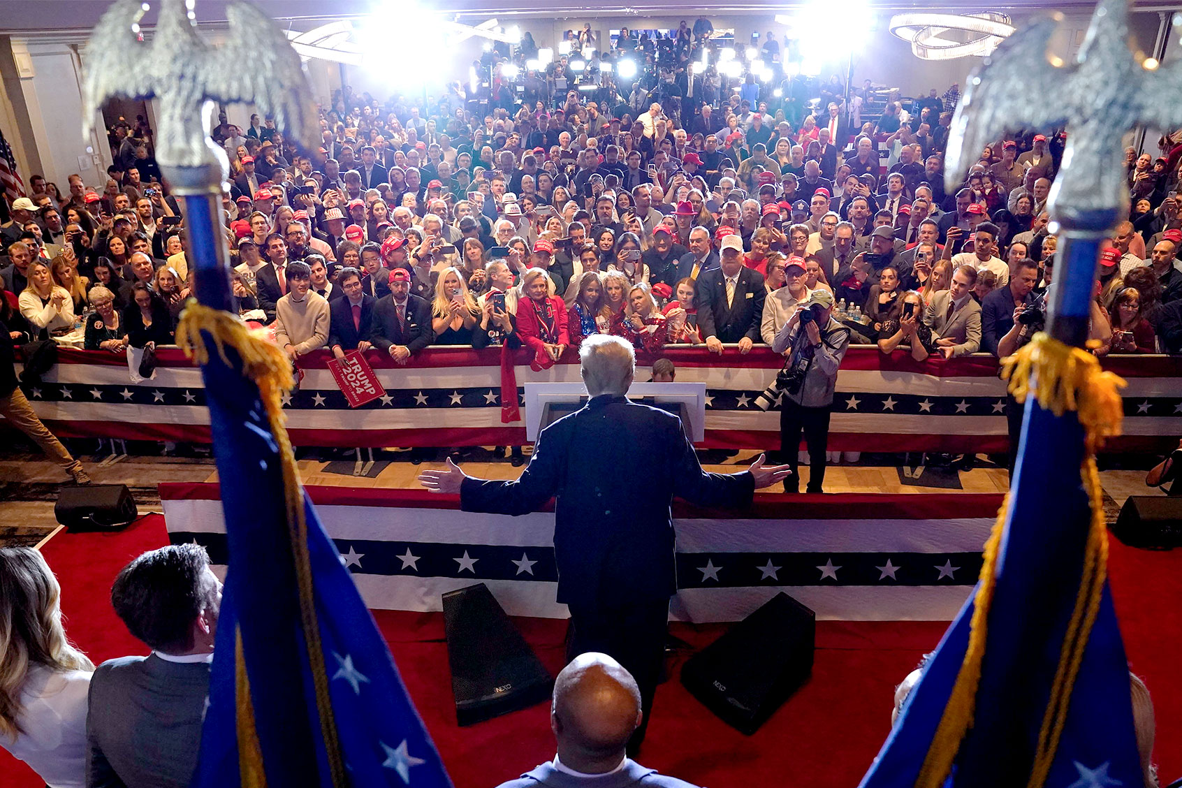 Former president Donald Trump speaks after he was projected to be the New Hampshire primary winner during a watch party on Tuesday, January 23, 2024 at Sheraton Nashua in Nashua, NH. (Jabin Botsford/The Washington Post via Getty Images)