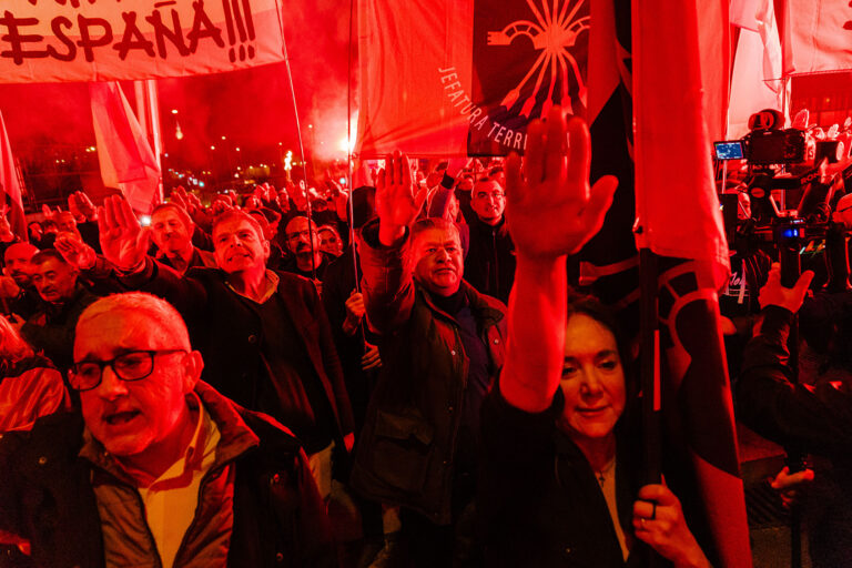 Dozens of people making the fascist salute, during a demonstration called by the Falange Española de las JONS, on 18 November, 2023 in Madrid, Spain. (Carlos Lujan/Europa Press via Getty Images)