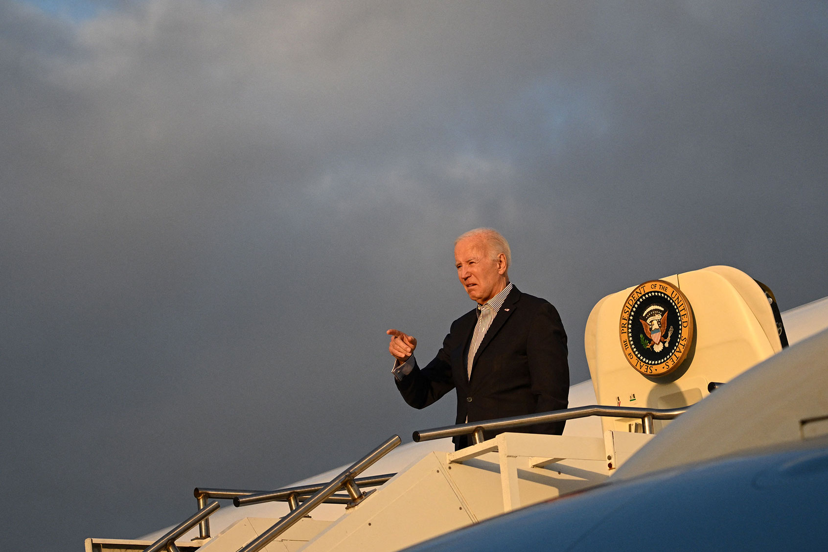 US President Joe Biden boards Air Force One before departing Joint Base Charleston in South Carolina on January 8, 2024. (MANDEL NGAN/AFP via Getty Images)