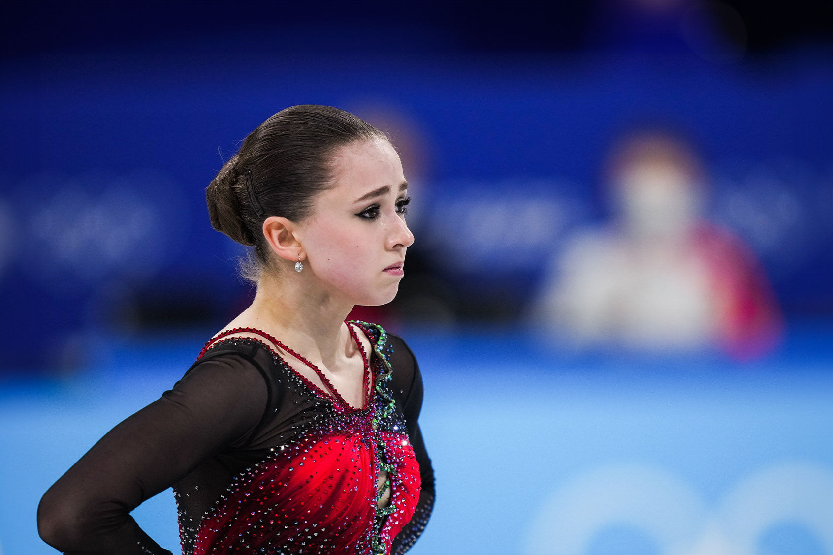 Kamila Valieva of Team ROC reacts during the Women Single Skating Free Skating on day thirteen of the Beijing 2022 Winter Olympic Games at Capital Indoor Stadium on February 17, 2022 in Beijing, China. (Ni Minzhe/CHINASPORTS/VCG via Getty Images)