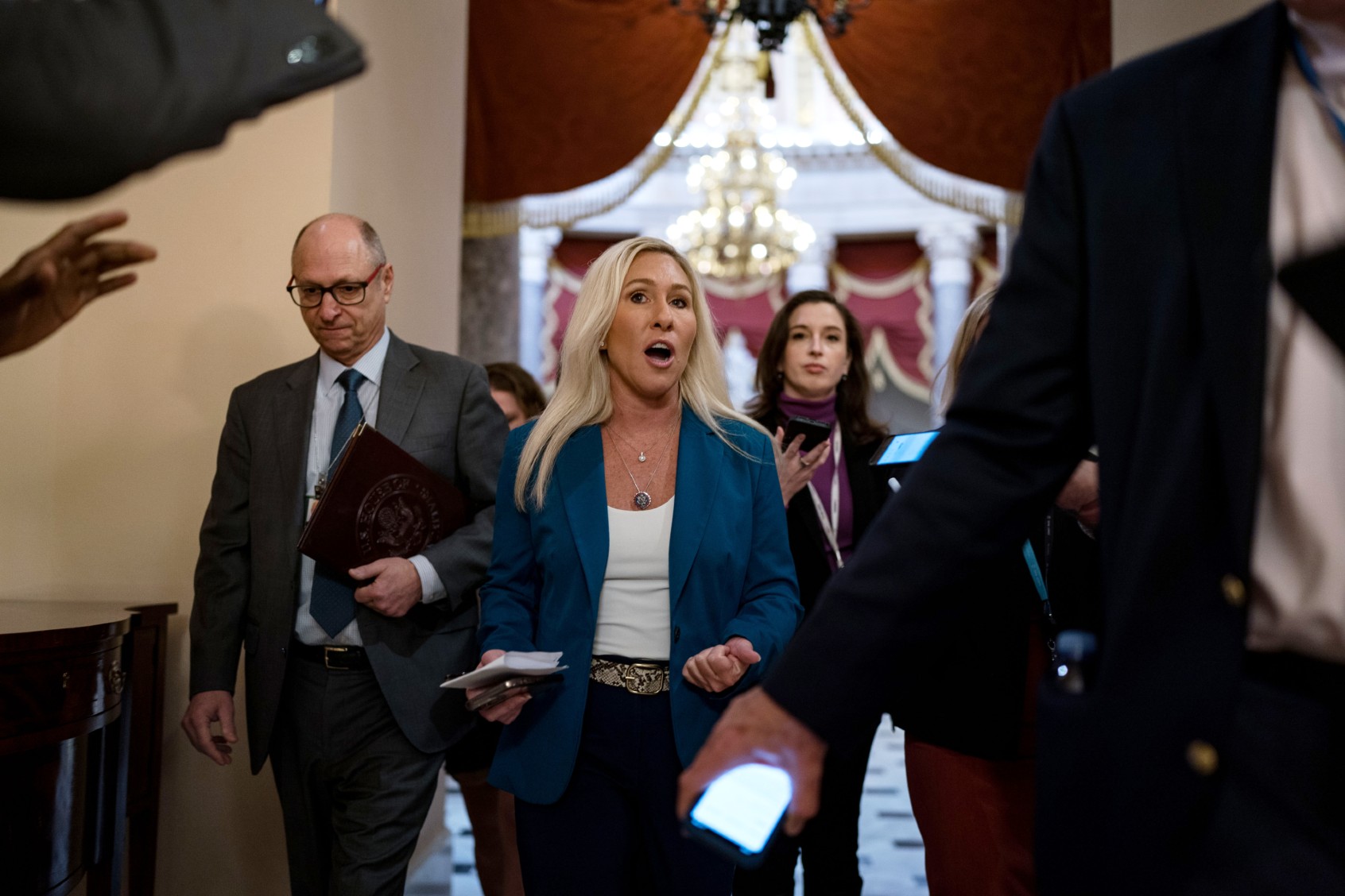 Rep. Marjorie Taylor Greene (R-GA) speaks with reporters following a meeting with Speaker of the House Mike Johnson (R-LA) at the U.S. Capitol on January 12, 2024 in Washington, DC. (Kent Nishimura/Getty Images)