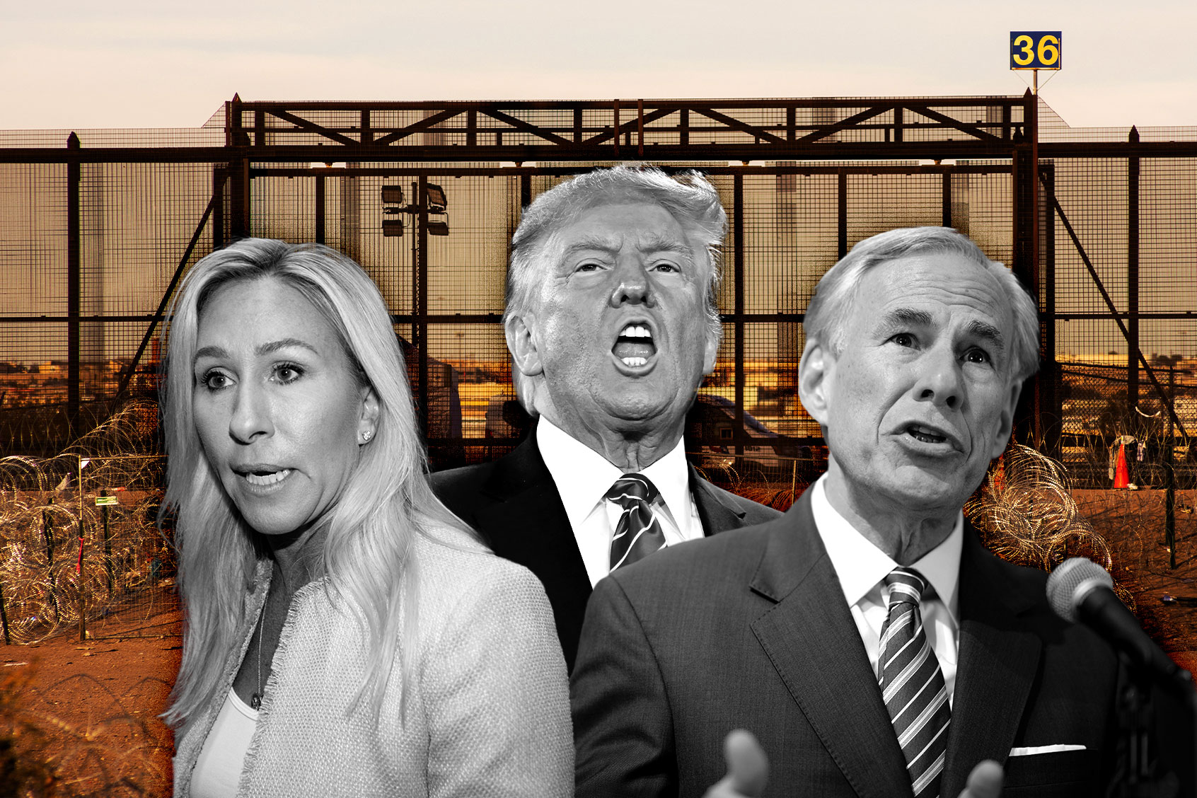 Marjorie Taylor Greene. Donald Trump and Greg Abbott (Photo illustration by Salon/Getty Images)