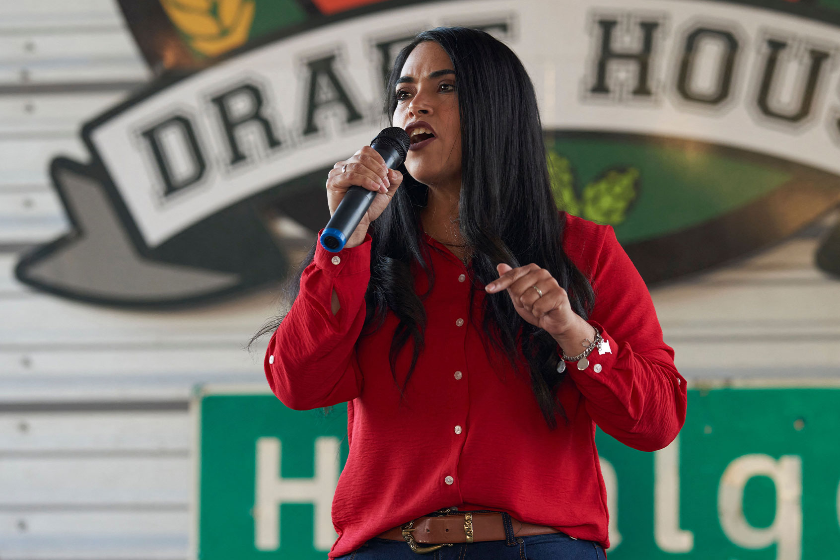 US Republican Representative Mayra Flores of Texas speaking at a campaign event on October 10, 2022 at the University Drafthouse in Mcallen, Texas. (ALLISON DINNER/AFP via Getty Images)