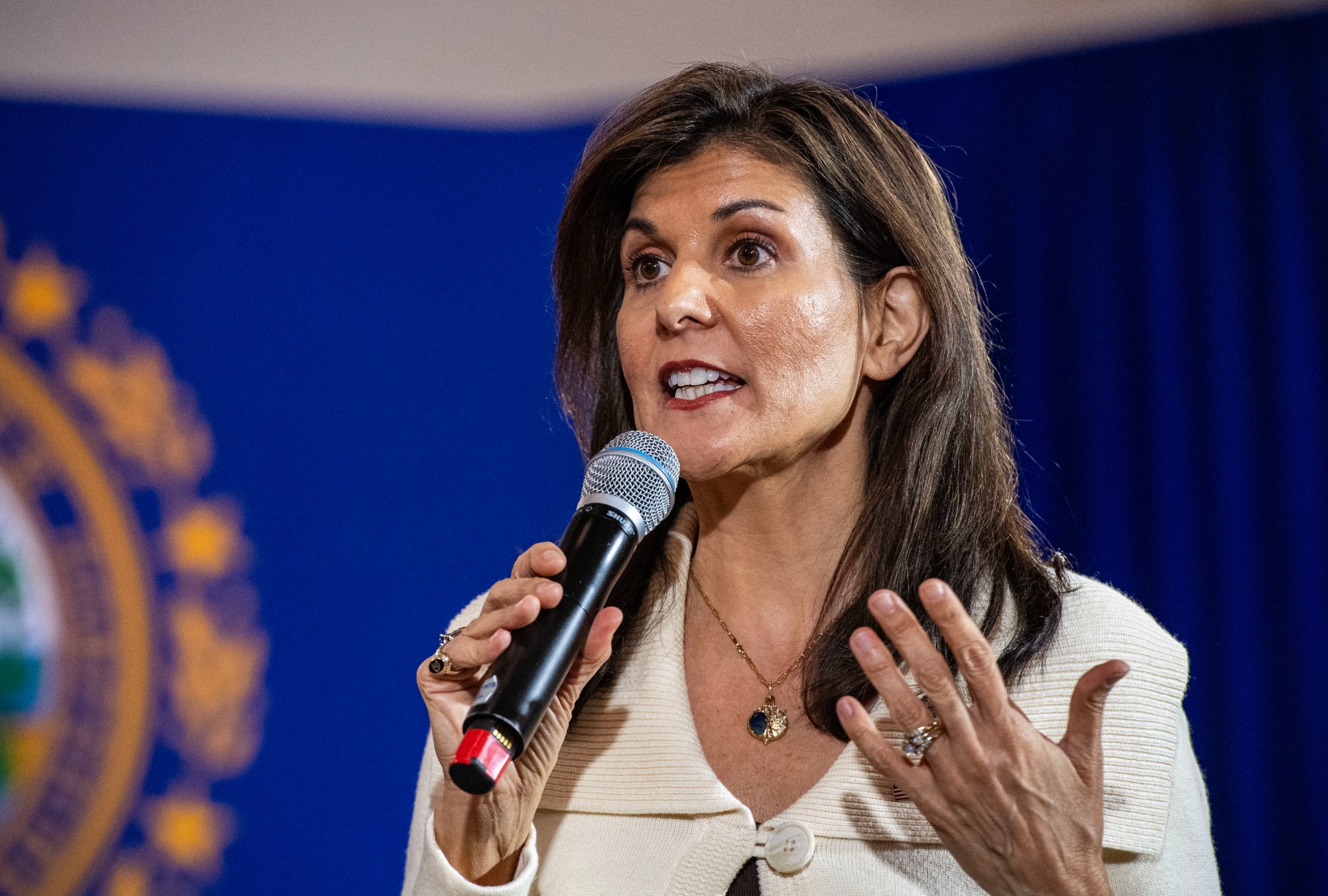 Former UN ambassador and 2024 Republican presidential hopeful Nikki Haley speaks at a campaign town hall event at Wentworth by the Sea Country Club in Rye, New Hampshire on January 2, 2024. (JOSEPH PREZIOSO/AFP via Getty Images)