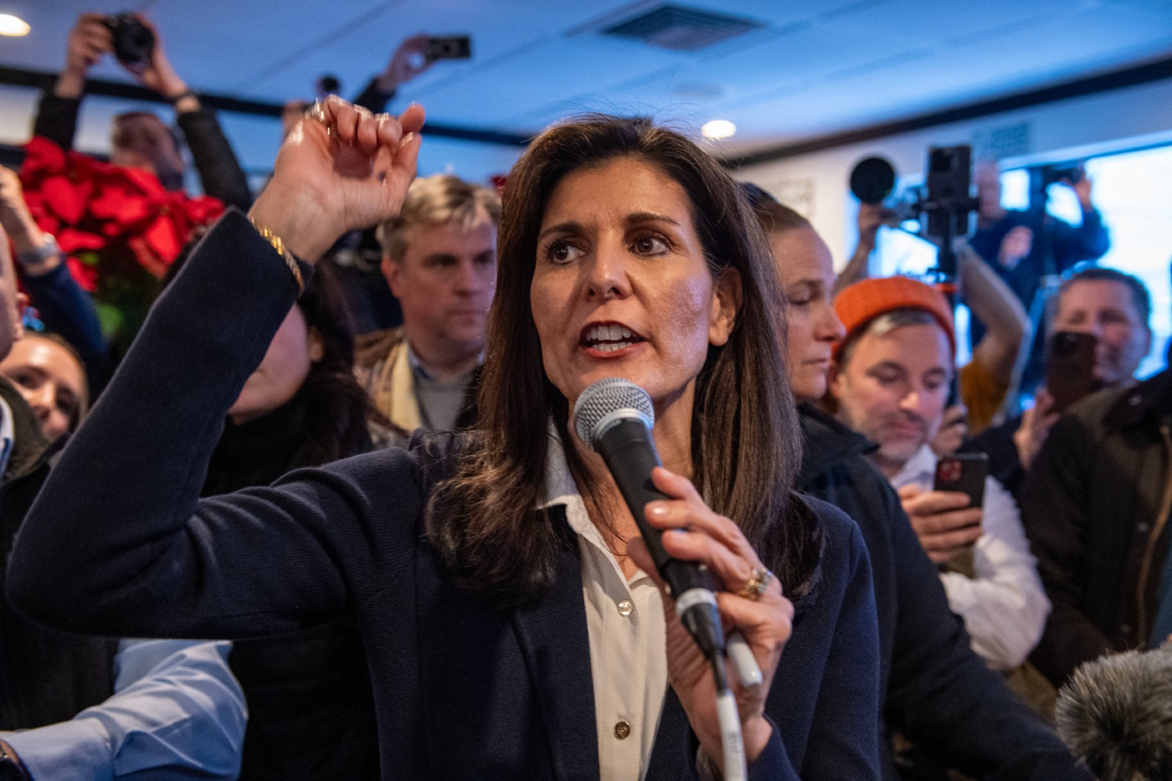 Former UN ambassador and US 2024 Republican presidential hopeful Nikki Haley speaks to voters at a get-out-the-vote campaign stop at the 603 Grill in Milford, New Hampshire, on January 19, 2024. (JOSEPH PREZIOSO/AFP via Getty Images)
