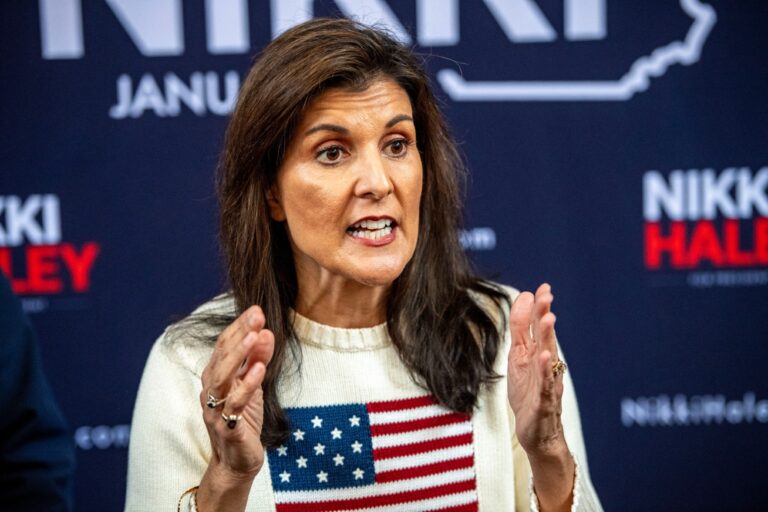 Republican presidential hopeful and former UN Ambassador Nikki Haley speaks to the press at a campaign event at the Monadnock Center for History & Culture in Peterborough, New Hampshire, on January 20, 2024. (JOSEPH PREZIOSO/AFP via Getty Images)