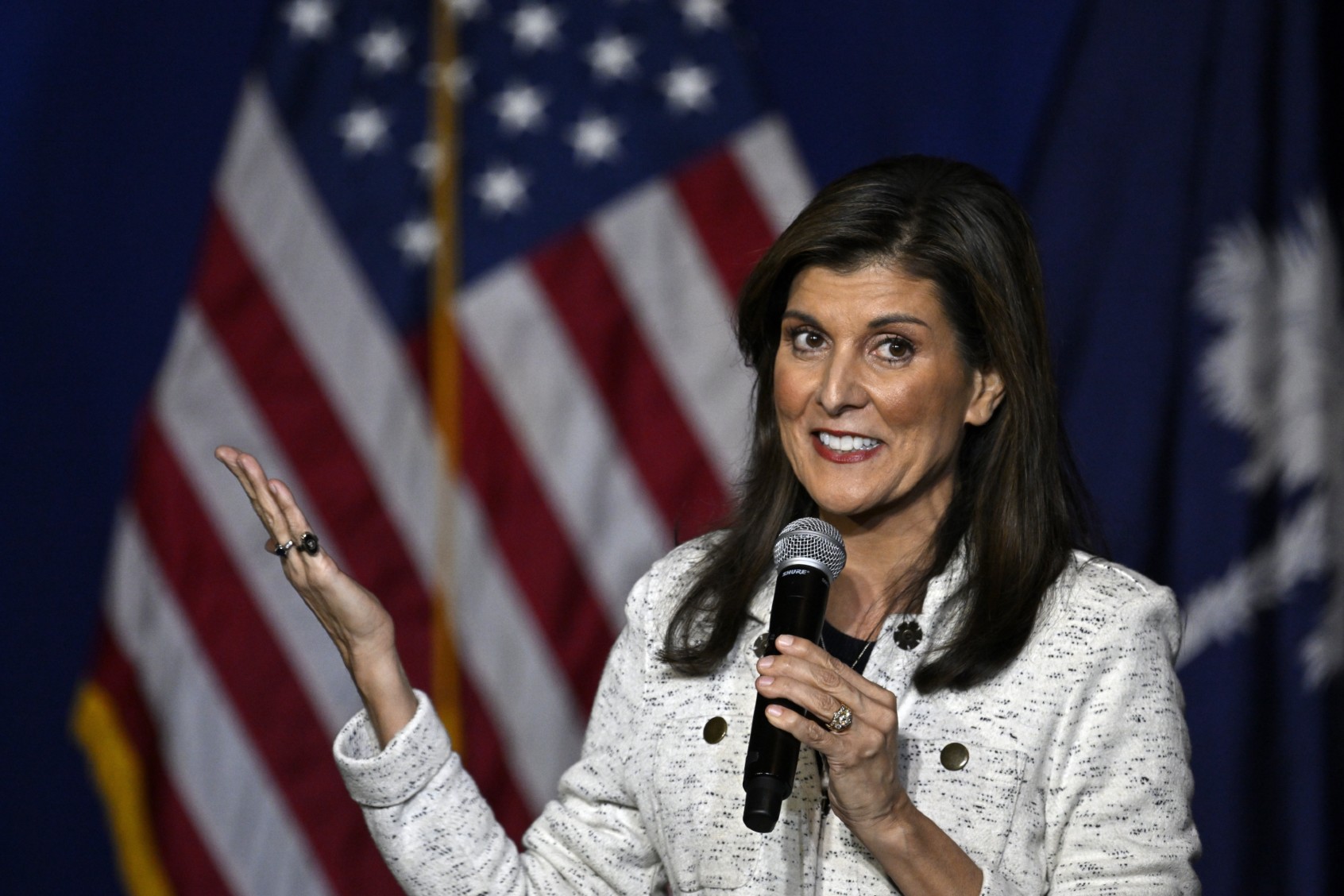 Nikki Haley hosts a rally in North Charleston to kick off her swing in the Palmetto State leading up to the State's primary, in Charleston, South Caroline, United States on January 24, 2024. (Peter Zay/Anadolu via Getty Images)