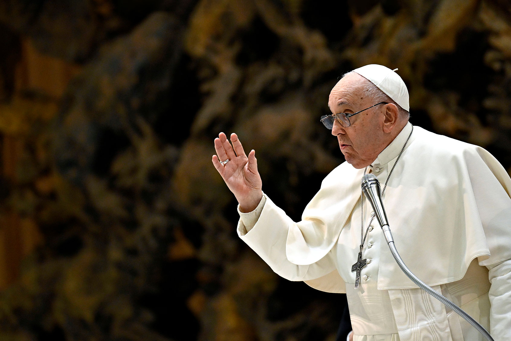 Pope Francis waves to the faithful during his weekly General Audience at the Paul VI Hall on January 17, 2024 in Vatican City, Vatican. (Vatican Media via Vatican Pool/Getty Images)