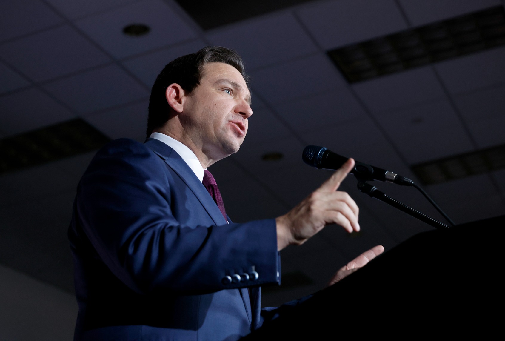 Republican presidential candidate Florida Gov. Ron DeSantis speaks at his caucus night event on January 15, 2024 in West Des Moines, Iowa. (Anna Moneymaker/Getty Images)