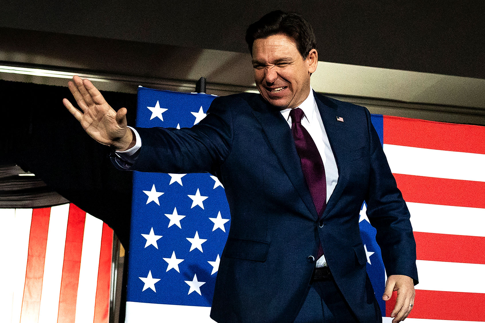 Florida Governor and Republican presidential hopeful Ron DeSantis arrives at a watch party during the 2024 Iowa Republican presidential caucuses in West Des Moines, Iowa, on January 15, 2024. (CHRISTIAN MONTERROSA/AFP via Getty Images)