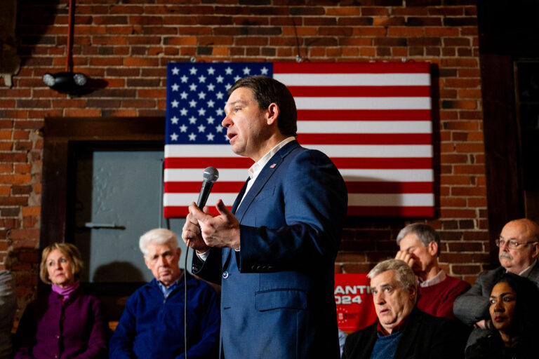 Republican presidential candidate, Florida Gov. Ron DeSantis speaks to supporters during a campaign rally at the Cara Irish Pub & Restaurant on January 19, 2024 in Dover, New Hampshire. (Brandon Bell/Getty Images)