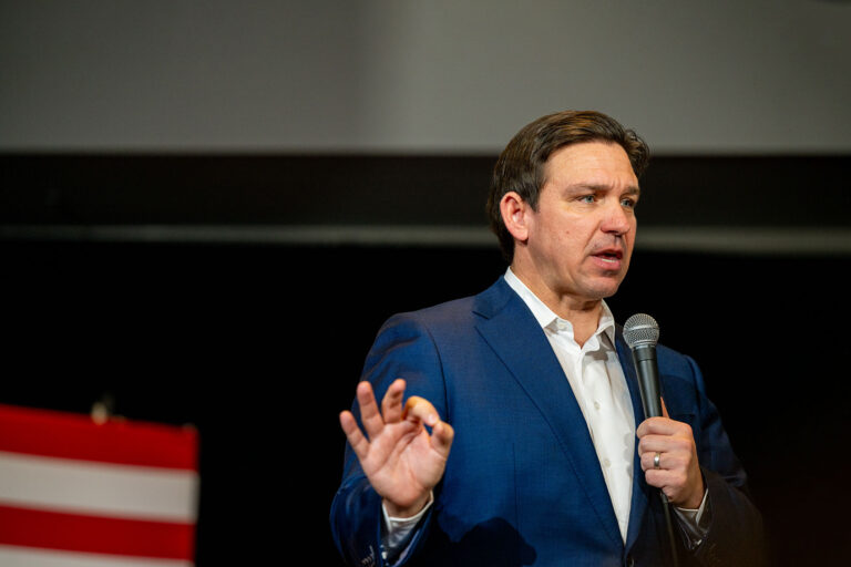 Republican presidential candidate, Florida Gov. Ron DeSantis speaks to supporters during a campaign rally at the Courtyard by Marriott Nashua on January 19, 2024 in Nashua, New Hampshire. (Brandon Bell/Getty Images)