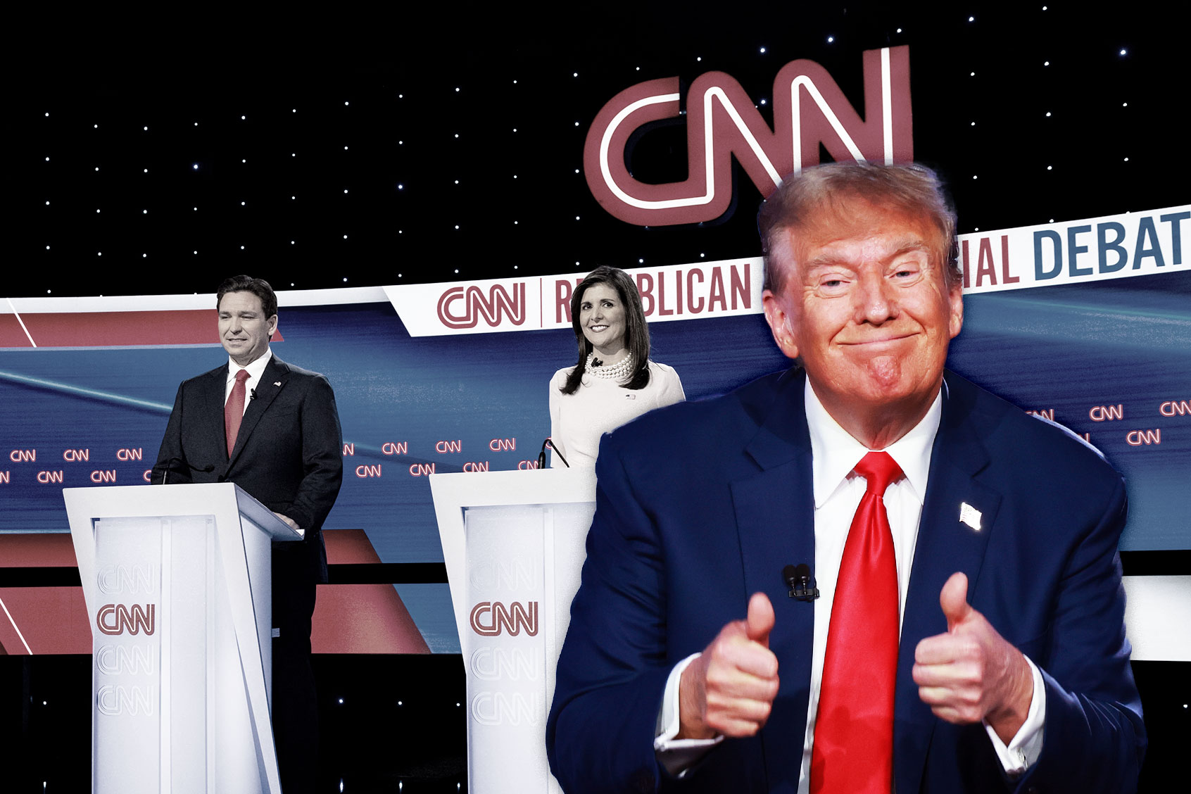 Florida Governor Ron DeSantis (L) and former US Ambassador to the UN Nikki Haley attend the fifth Republican presidential primary debate at Drake University in Des Moines, Iowa, on January 10, 2024. | Republican presidential candidate former President Donald Trump participates in a Fox News Town Hall on January 10, 2024 in Des Moines, Iowa. (Photo illustration by Salon/Getty Images)