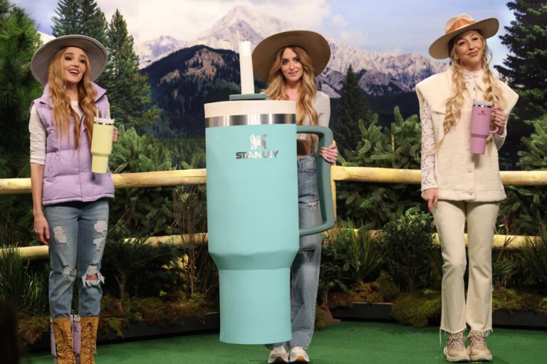 "Saturday Night Live" -- Episode 1854 -- Pictured: (l-r) Chloe Fineman, host Dakota Johnson and Heidi Gardner during the “Big Dumb Cups” sketch on Saturday, January 27, 2024 (Will Heath/NBC)