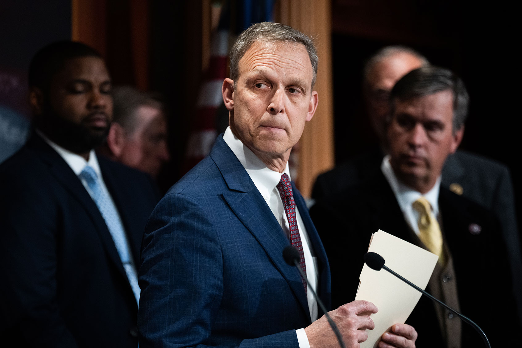Rep. Scott Perry, R-Pa., speaks during a news conference with senators and members of the House Freedom Caucus on appropriations bills and border security, in the U.S. Capitol on Wednesday, November 29, 2023. (Tom Williams/CQ-Roll Call, Inc via Getty Images)