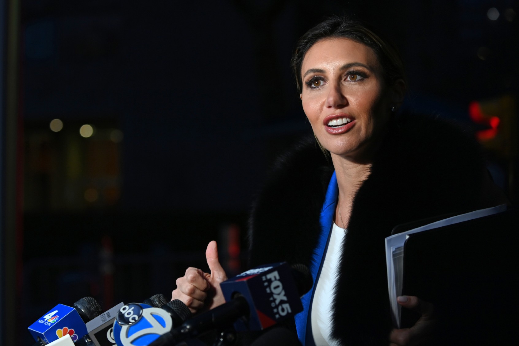 Alina Habba speaks to press on January 26, 2024 in New York City. (GWR/Star Max/GC Images/Getty Images)