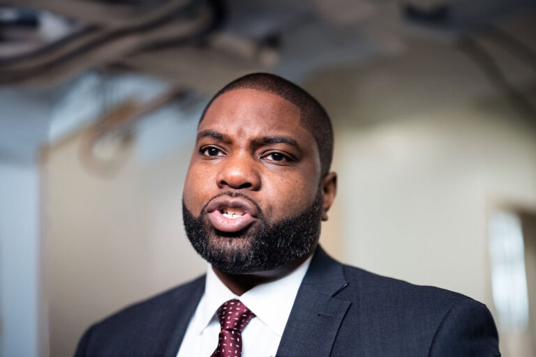 Rep. Byron Donalds, R-Fla., talks with reporters after a meeting of the House Republican Conference in the U.S. Capitol on Wednesday, February 14, 2024. (Tom Williams/CQ-Roll Call, Inc via Getty Images)