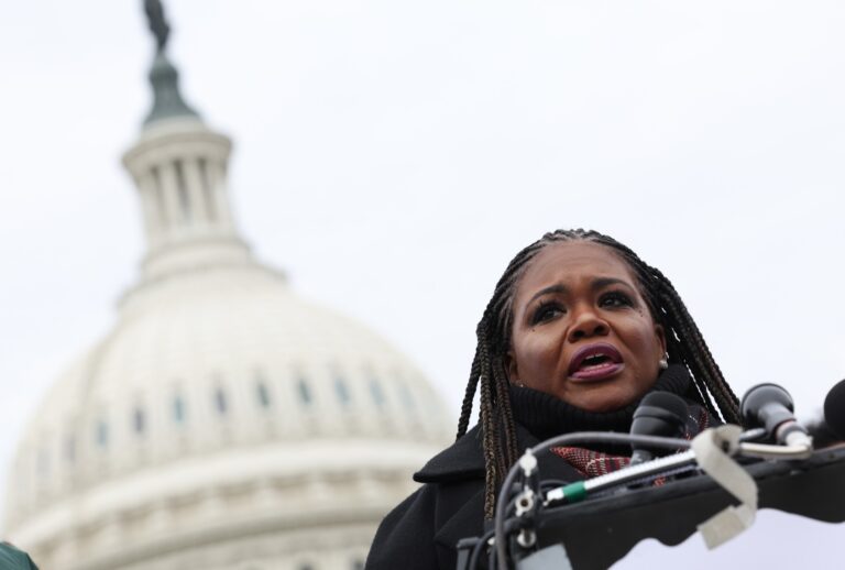 Rep. Cori Bush (D-MO) speak at a press conference outside of the U.S. Capitol on December 07, 2023 in Washington, DC. (Kevin Dietsch/Getty Images)
