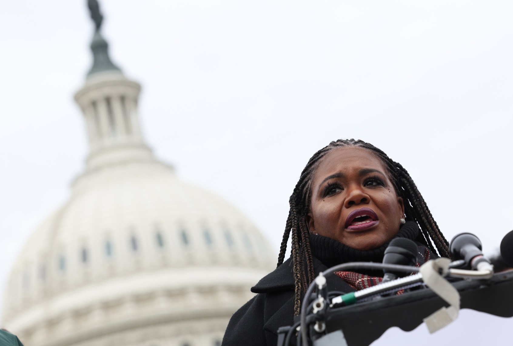 Rep. Cori Bush (D-MO) speak at a press conference outside of the U.S. Capitol on December 07, 2023 in Washington, DC. (Kevin Dietsch/Getty Images)