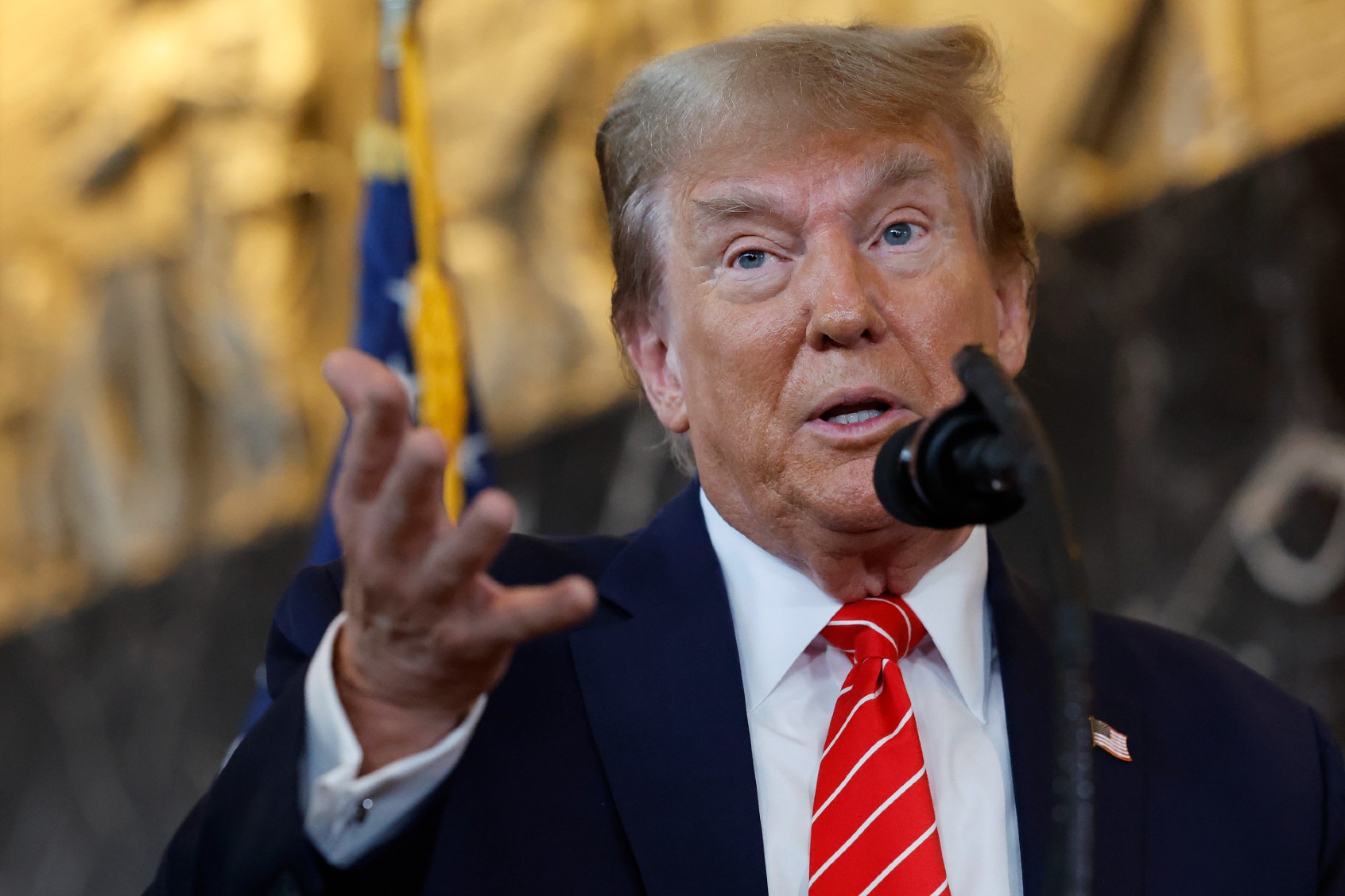 Republican presidential candidate and former U.S. President Donald Trump talks to reporters at the International Brotherhood of Teamsters headquarters on January 31, 2024 in Washington, DC. (Chip Somodevilla/Getty Images)