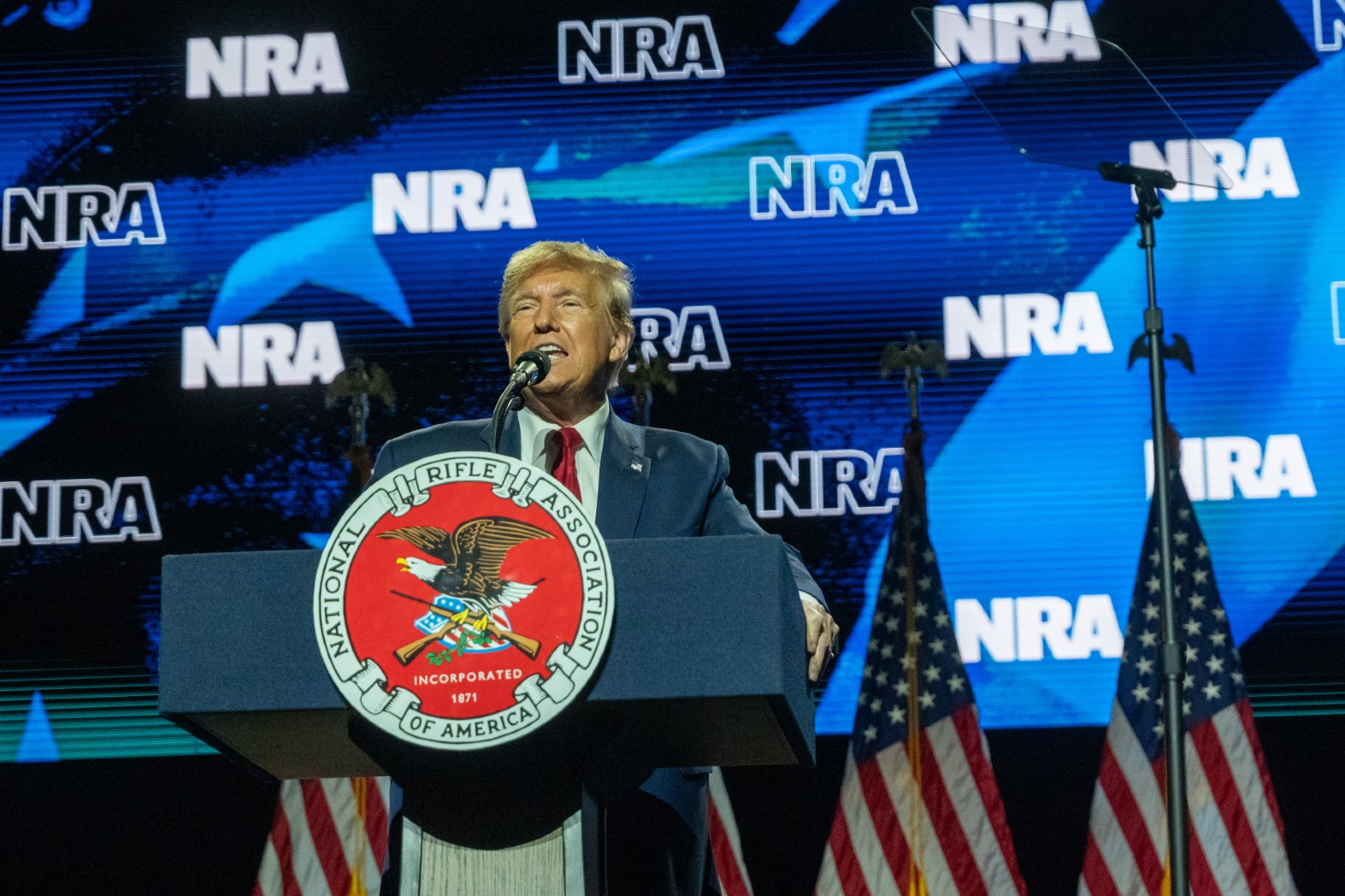 Donald Trump speaks at the National Rifle Association presidential forum at the Great American Outdoor Show on February 09, 2024 in Harrisburg, Pennsylvania. (Spencer Platt/Getty Images)