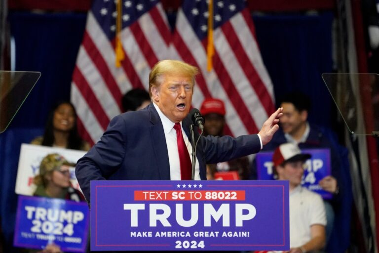 Former U.S. President and 2024 presidential hopeful Donald Trump gestures as he speaks at a "Get Out the Vote" rally at the Winthrop Coliseum in Rock Hill, South Carolina, on February 23, 2024. (TIMOTHY A. CLARY/AFP via Getty Images)