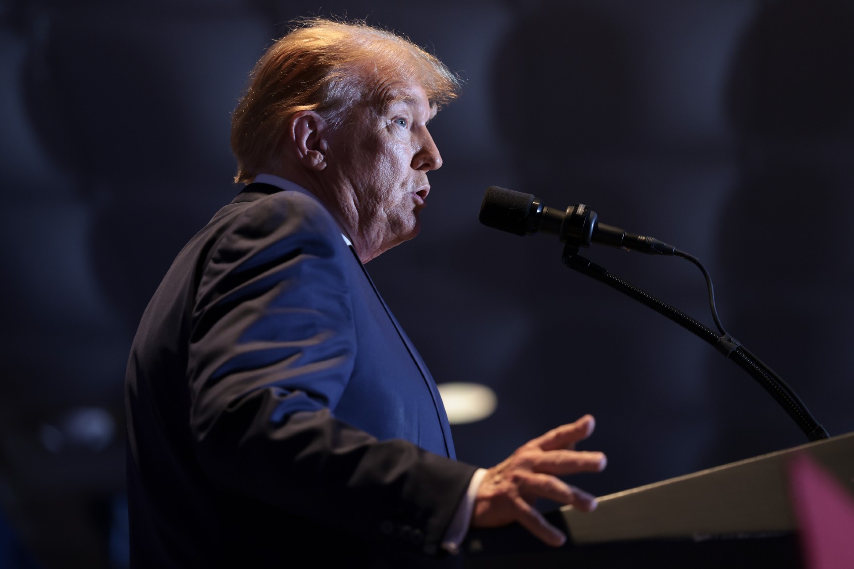 Republican presidential candidate and former President Donald Trump speaks to supporters during an election night watch party at the State Fairgrounds on February 24, 2024 in Columbia, South Carolina. (Win McNamee/Getty Images)