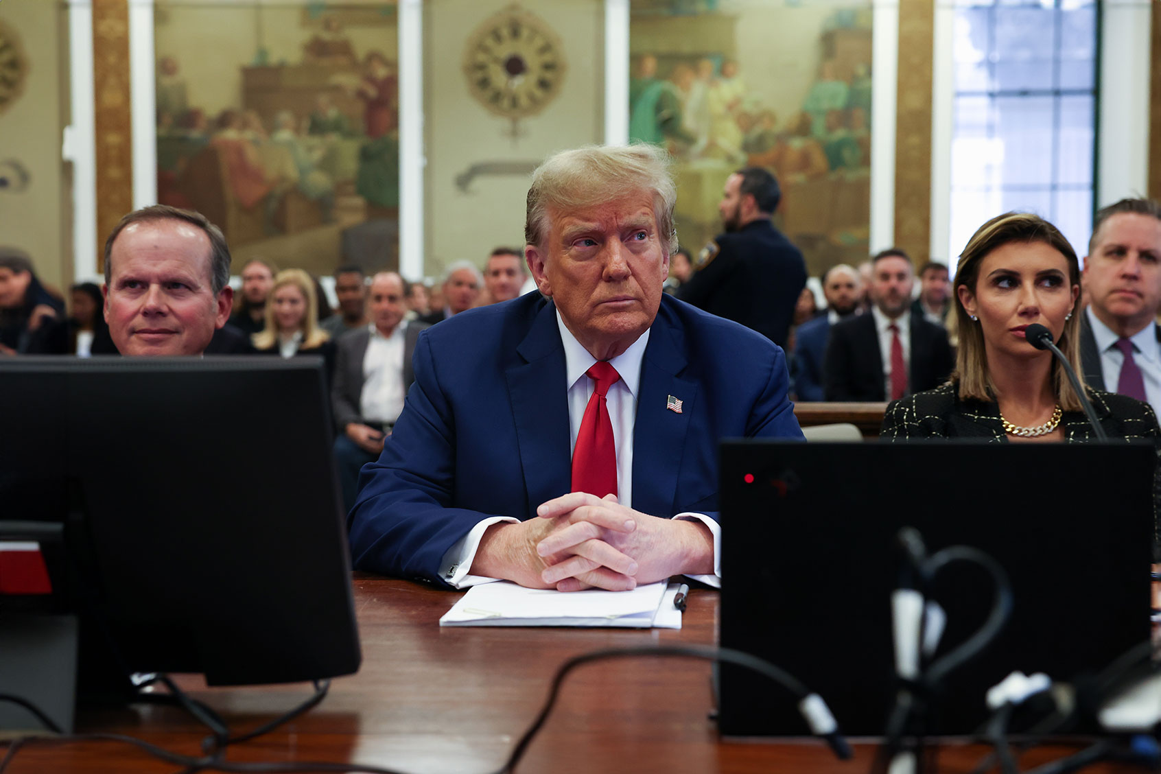 Former U.S. President Donald Trump and his lawyers Christopher Kise and Alina Habba attend the closing arguments in the Trump Organization civil fraud trial at New York State Supreme Court on January 11, 2024 in New York City. (Shannon Stapleton-Pool/Getty Images)