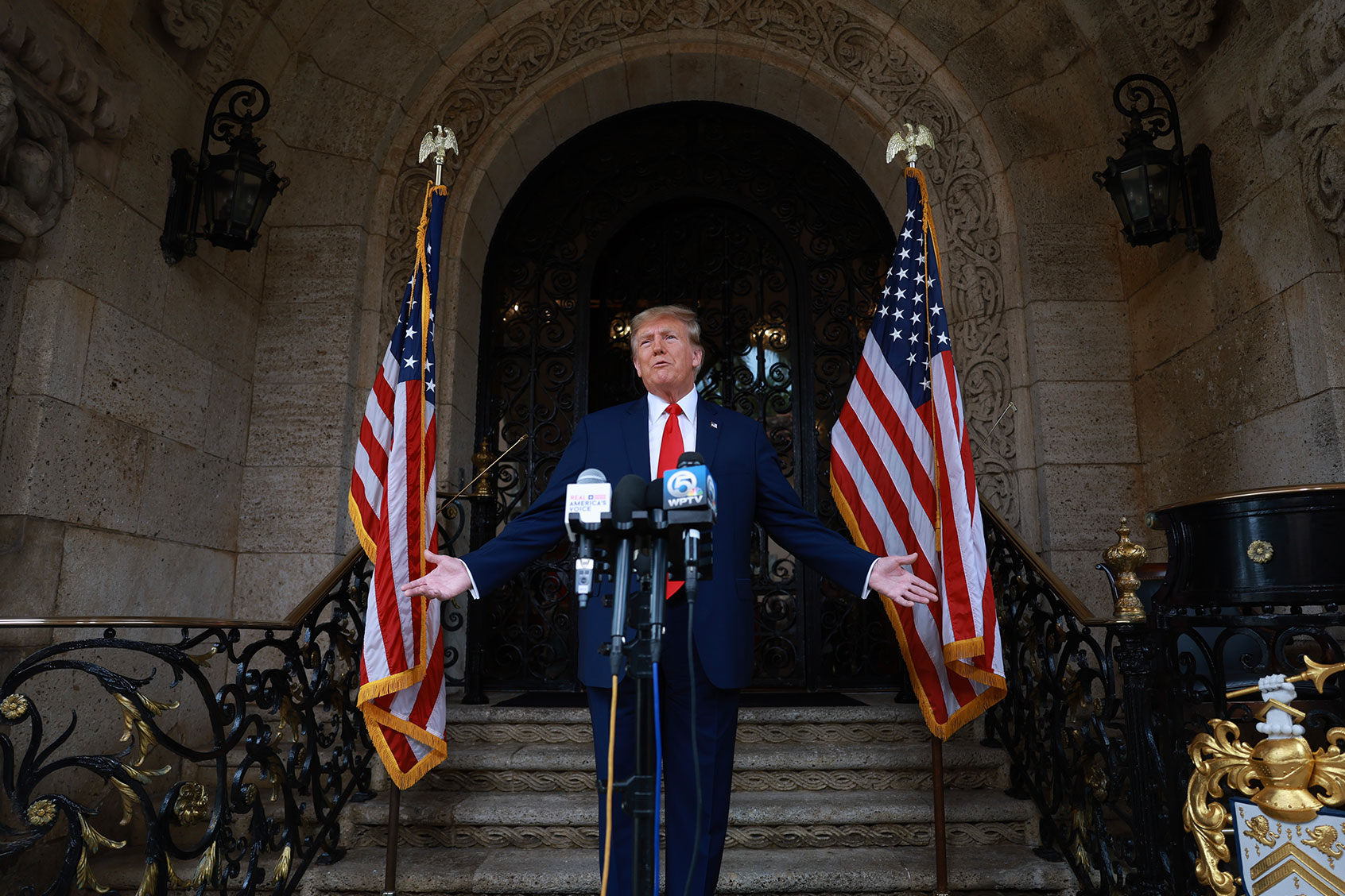 Former U.S. President Donald Trump speaks during a press conference held at Mar-a-Lago on February 08, 2024 in Palm Beach, Florida. (Joe Raedle/Getty Images)