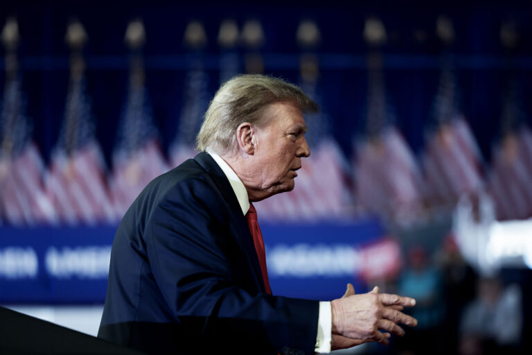 Republican presidential candidate and former President Donald Trump mocks U.S. President Joe Biden while speaking during a Get Out The Vote rally at Coastal Carolina University on February 10, 2024 in Conway, South Carolina. (Win McNamee/Getty Images)