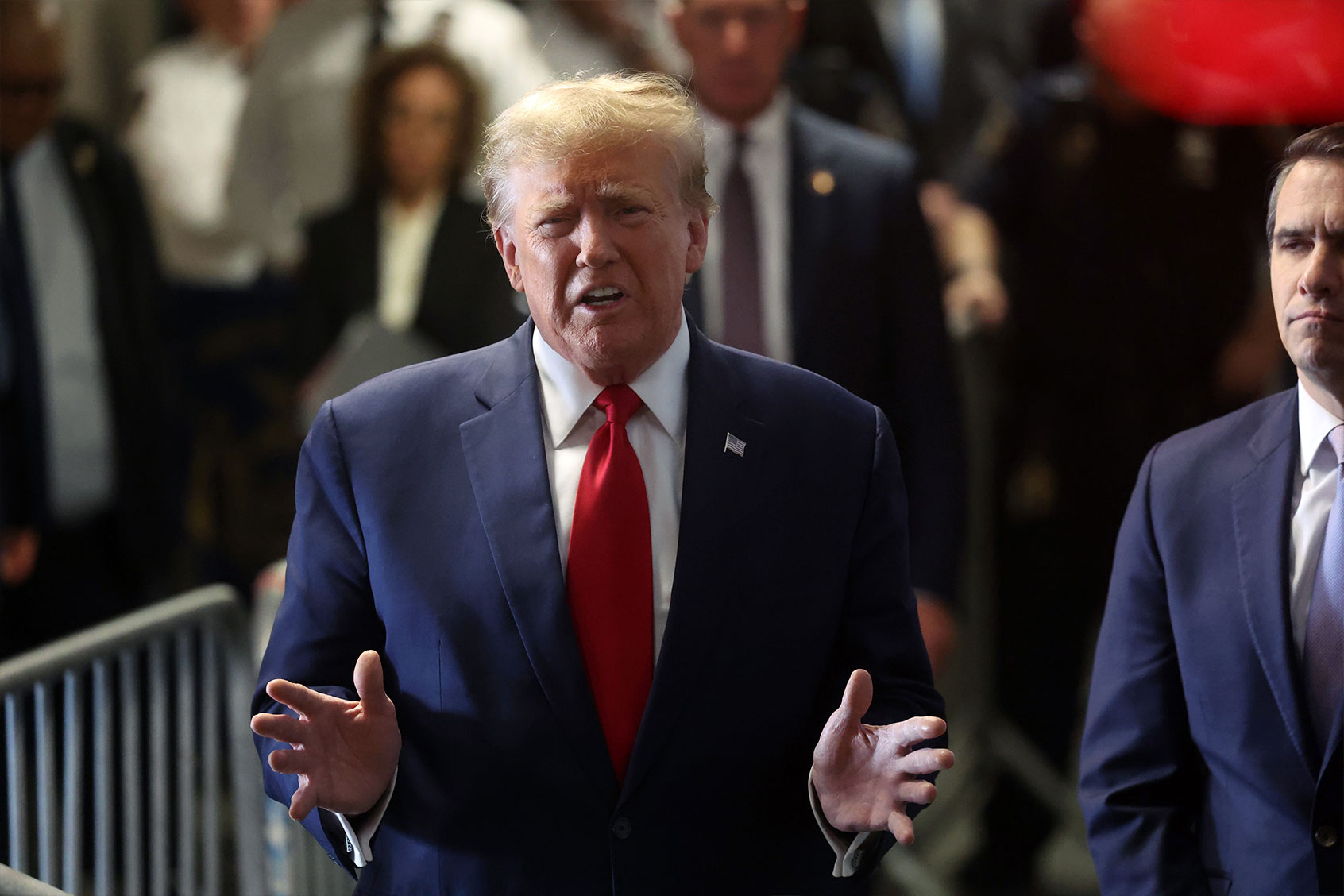 Former U.S. President Donald Trump arrives at a pre-trial hearing in a hush money case at Manhattan Criminal Court on February 15, 2024 in New York City. (Spencer Platt/Getty Images)