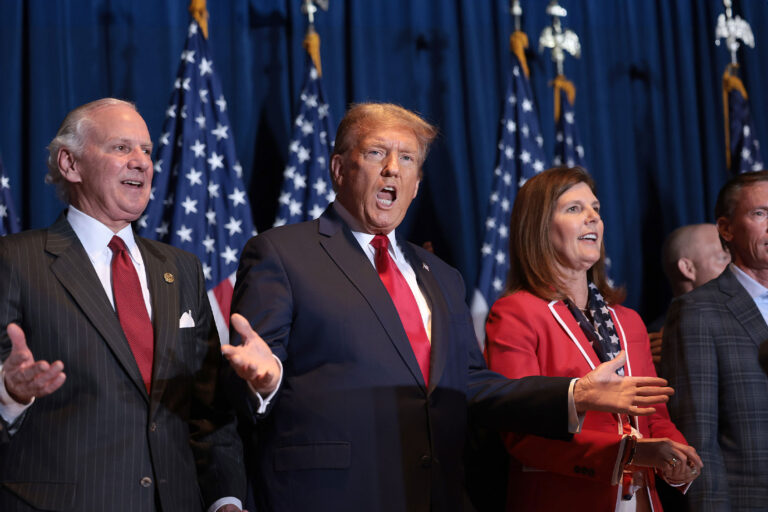 Republican presidential candidate and former President Donald Trump walks on stage to speak during an election night watch party at the State Fairgrounds on February 24, 2024 in Columbia, South Carolina. (Win McNamee/Getty Images)