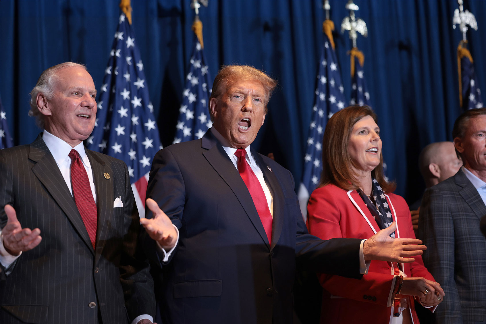 Republican presidential candidate and former President Donald Trump walks on stage to speak during an election night watch party at the State Fairgrounds on February 24, 2024 in Columbia, South Carolina. (Win McNamee/Getty Images)