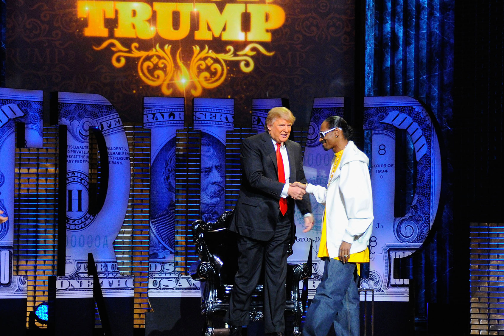 Donald Trump and rapper Snoop Dogg perform onstage at the Comedy Central Roast Of Donald Trump at the Hammerstein Ballroom on March 9, 2011 in New York City. (Andrew H. Walker/Getty Images)