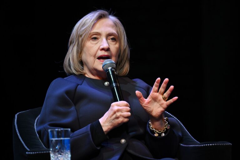 Hillary Clinton speaks at the Cinema for Peace "Special Evening with Hillary Clinton" at the Theater des Westens on February 19, 2024. (Sebastian Christoph Gollnow/picture alliance via Getty Images)