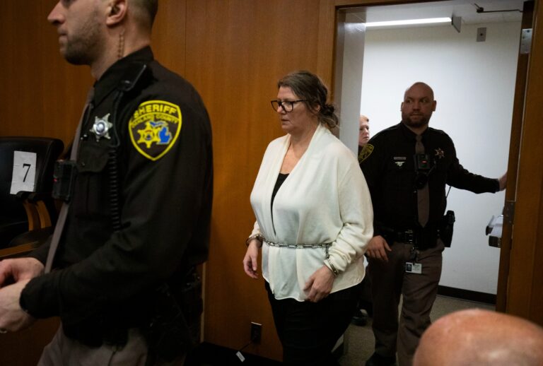 Jennifer Crumbley, the mother of Oxford school shooter Ethan Crumbley, enters a court room at Oakland County Circuit Court before jury deliberations begin in her trial on four counts of involuntary manslaughter on February 5, 2024 in Pontiac, Michigan. (Bill Pugliano/Getty Images)