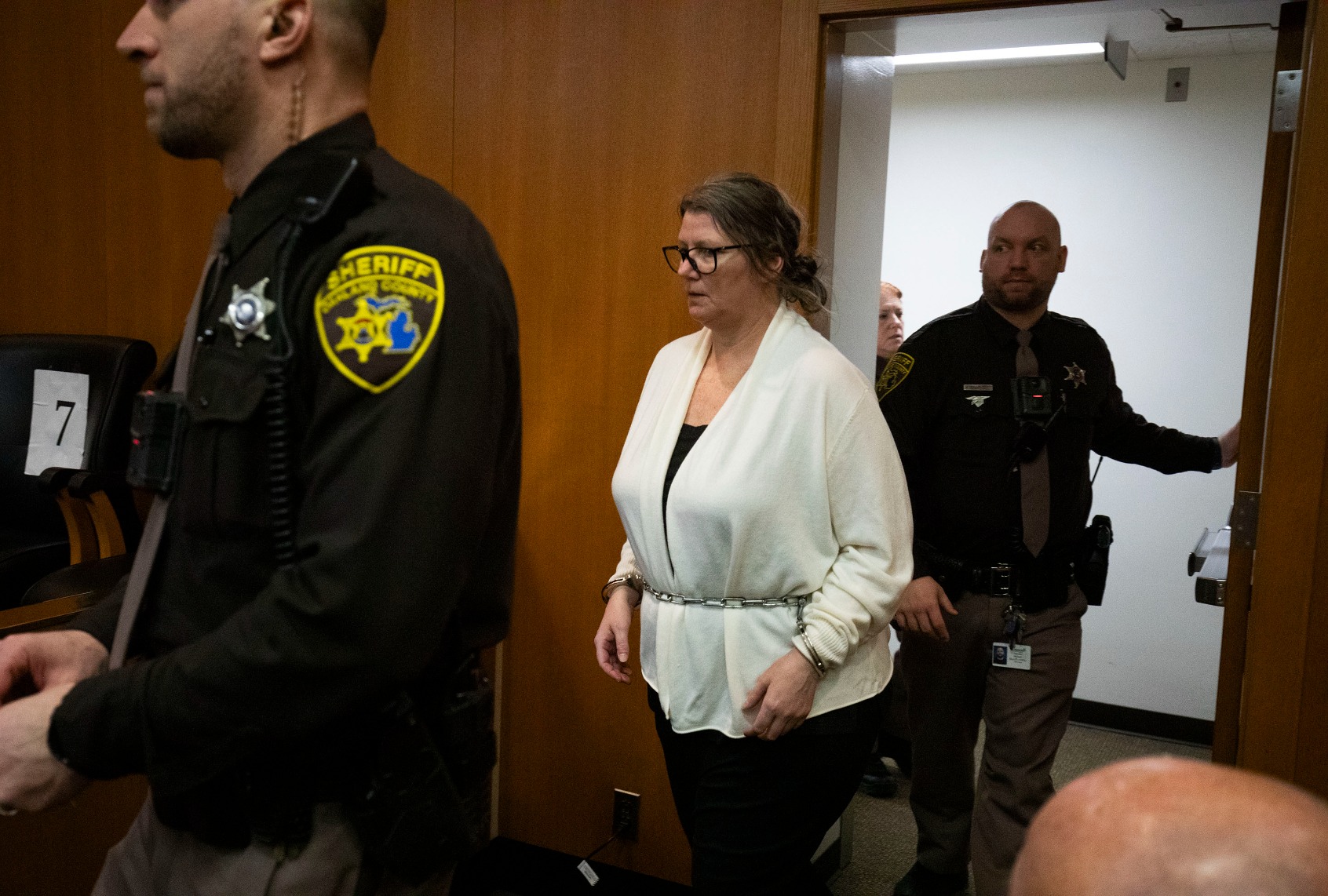 Jennifer Crumbley, the mother of Oxford school shooter Ethan Crumbley, enters a court room at Oakland County Circuit Court before jury deliberations begin in her trial on four counts of involuntary manslaughter on February 5, 2024 in Pontiac, Michigan. (Bill Pugliano/Getty Images)