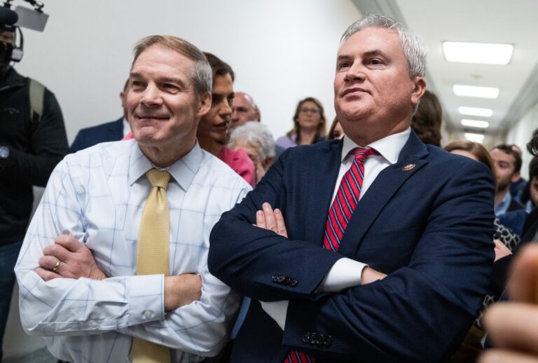 Reps. James Comer, R-Ky., right, chairman of the House Oversight and Accountability Committee, and Jim Jordan, R-Ohio, chairman of the House Judiciary Committee, on Wednesday, December 13, 2023. (Tom Williams/CQ-Roll Call, Inc via Getty Images)