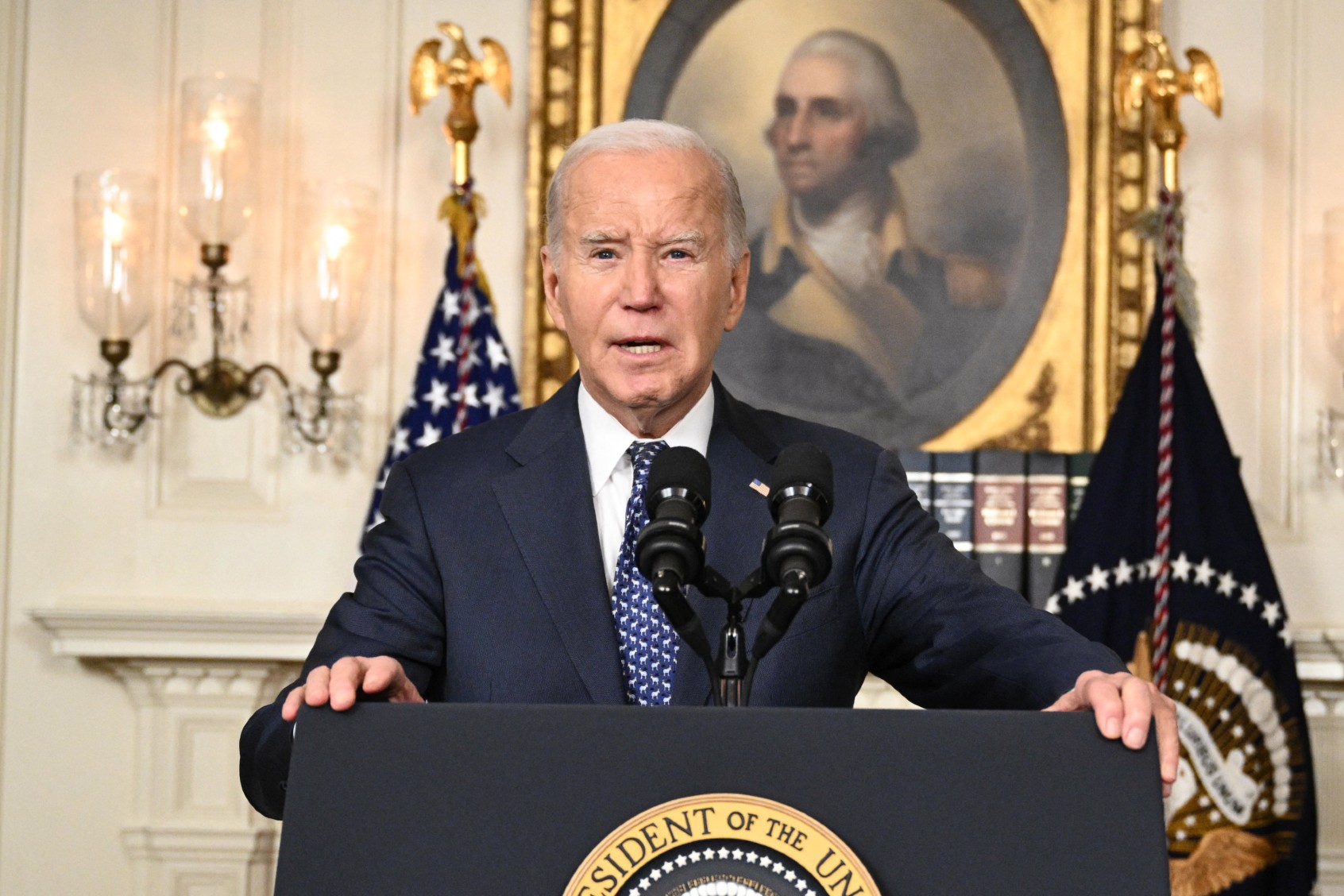 President Joe Biden speaks about the Special Counsel report in the Diplomatic Reception Room of the White House in Washington, DC, on February 8, 2024 in a surprise last-minute addition to his schedule for the day. (MANDEL NGAN/AFP via Getty Images)