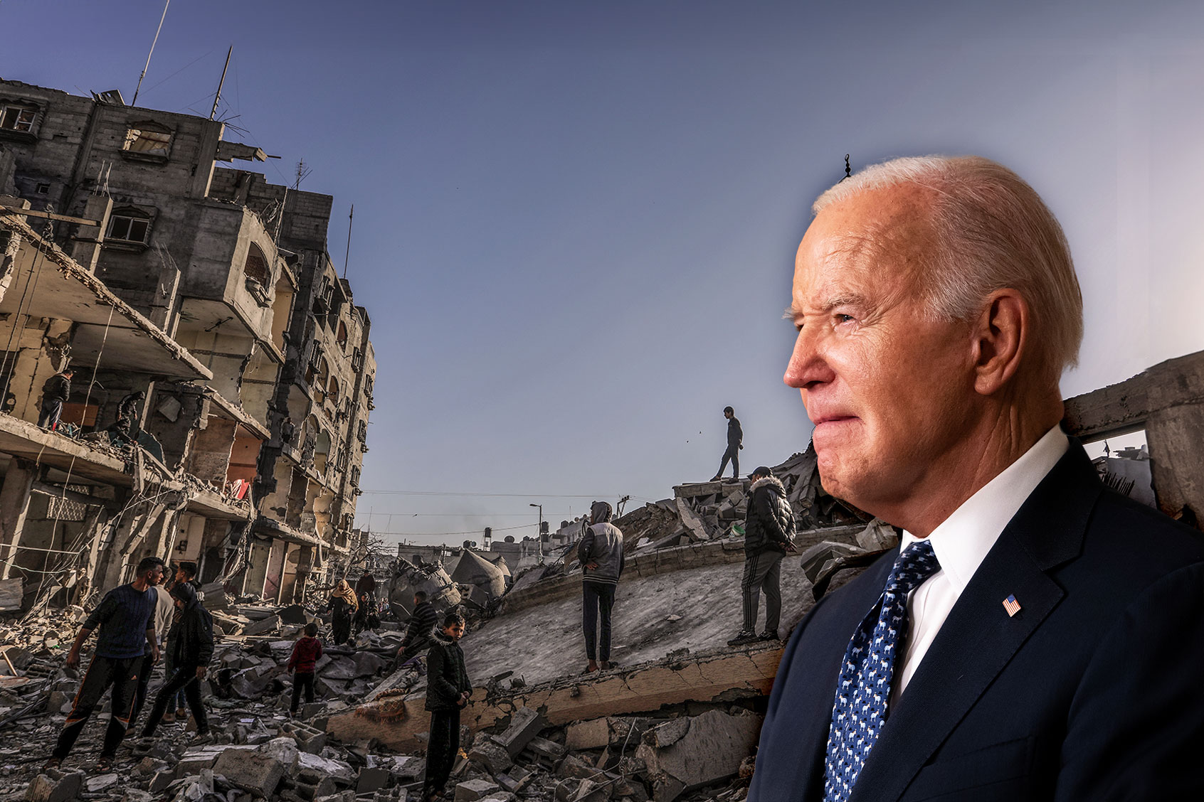 Joe Biden | Palestinians inspecting the destruction of Al-Farouq Mosque and other nearby houses caused by the Israeli bombardment, in the Shaboura camp of Rafah, Gaza, 22 February 2024. (Photo illustration by Salon/Getty Images)