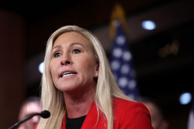 U.S. Rep. Marjorie Taylor Greene (R-GA) speaks on President Trump's involvement with January 6 during a press conference at the U.S. Capitol on February 06, 2024 in Washington, DC. (Kevin Dietsch/Getty Images)