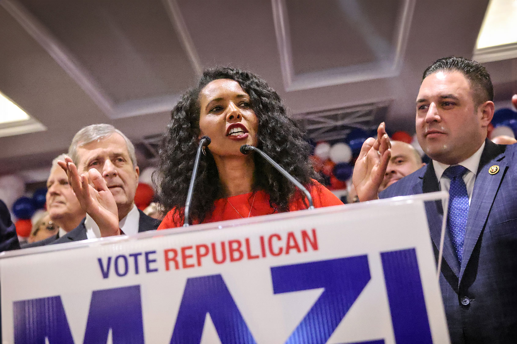 Congressional candidate Mazi Pilip addresses supporters at Lannin Restaurant in East Meadow, New York on election night. February 13, 2024. (Thomas A. Ferrara/Newsday RM via Getty Images)
