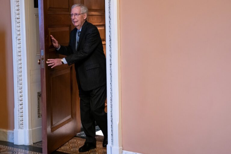 Senate Minority Leader Mitch McConnell (R-KY) walks toward his office on February 28, 2024 in Washington, DC. McConnell announced Wednesday that he would step down as Republican leader in November. (Nathan Howard/Getty Images)