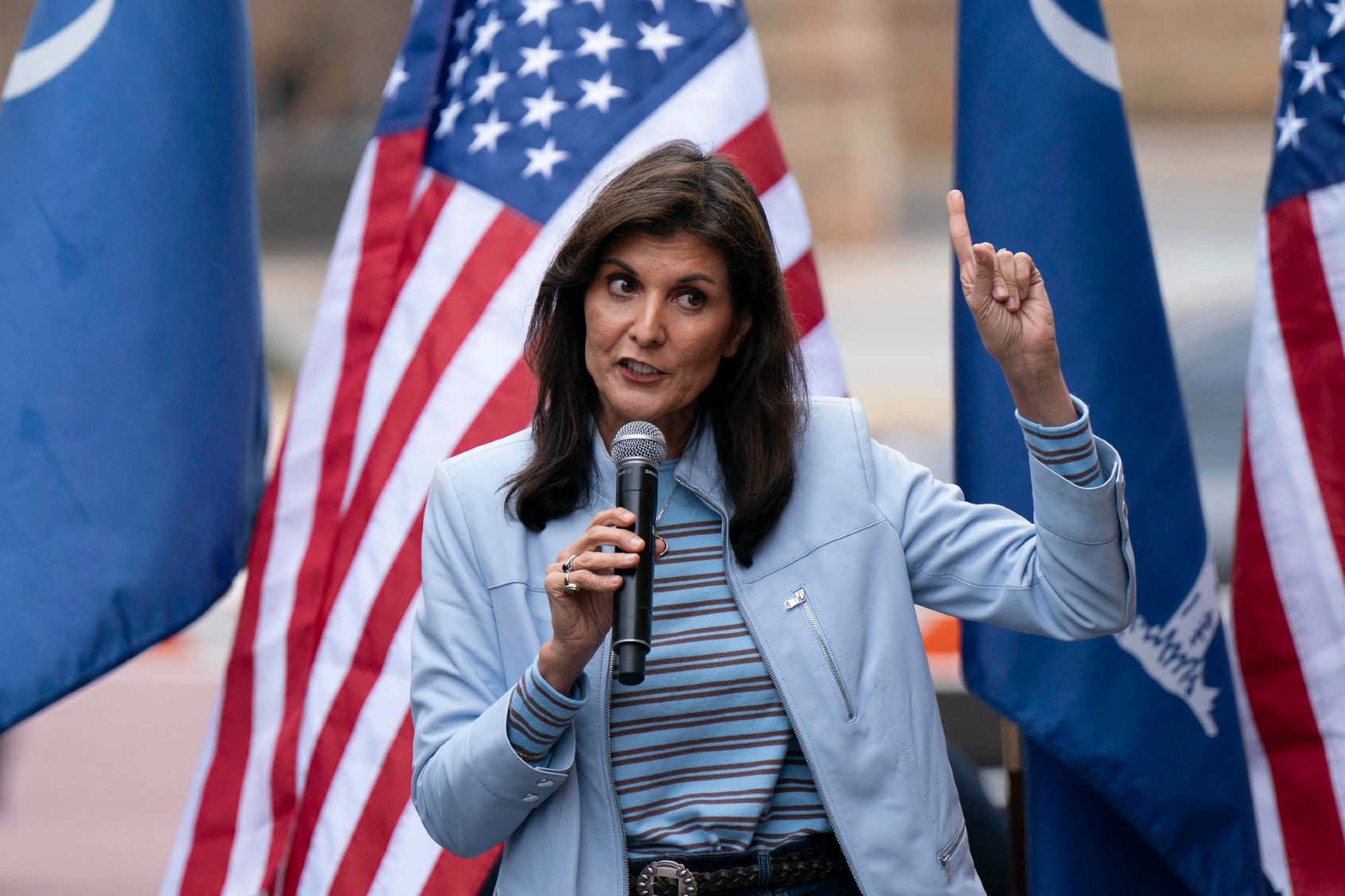 Republican presidential hopeful and former UN Ambassador Nikki Haley speaks during a campaign event on February 10, 2024, in Newberry, South Carolina. (ALLISON JOYCE/AFP via Getty Images)